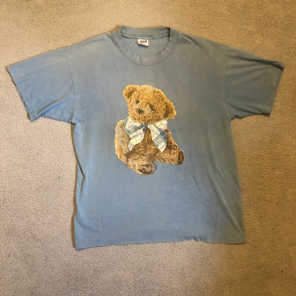 Single Stitch Vtg 90s Teddy Bear Graphic T Shirt Anvil Blue Cotton Large USA